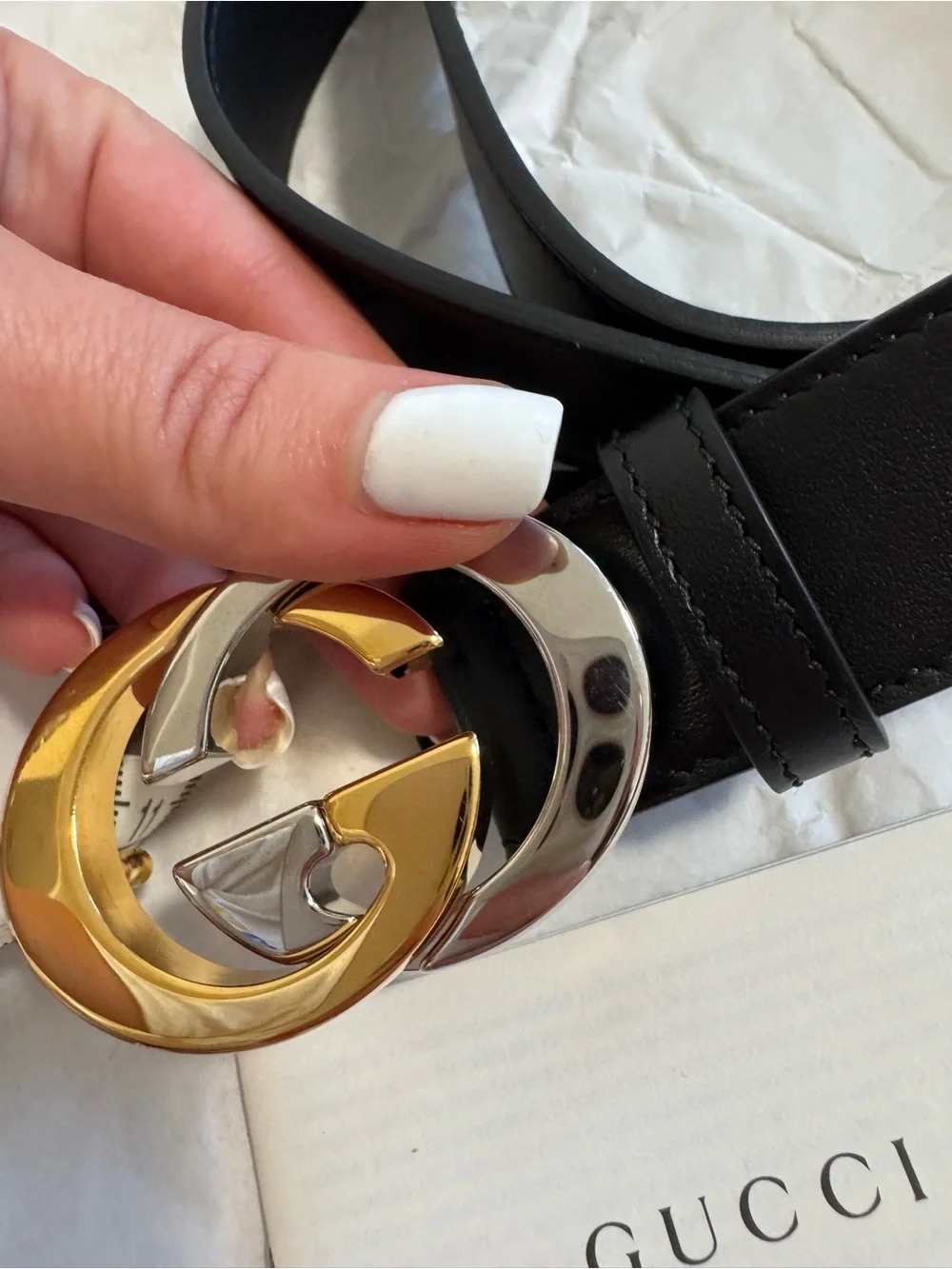 NEW Gucci Interlocking G Black Leather Belt Gold Silver Buckle Style 574807
